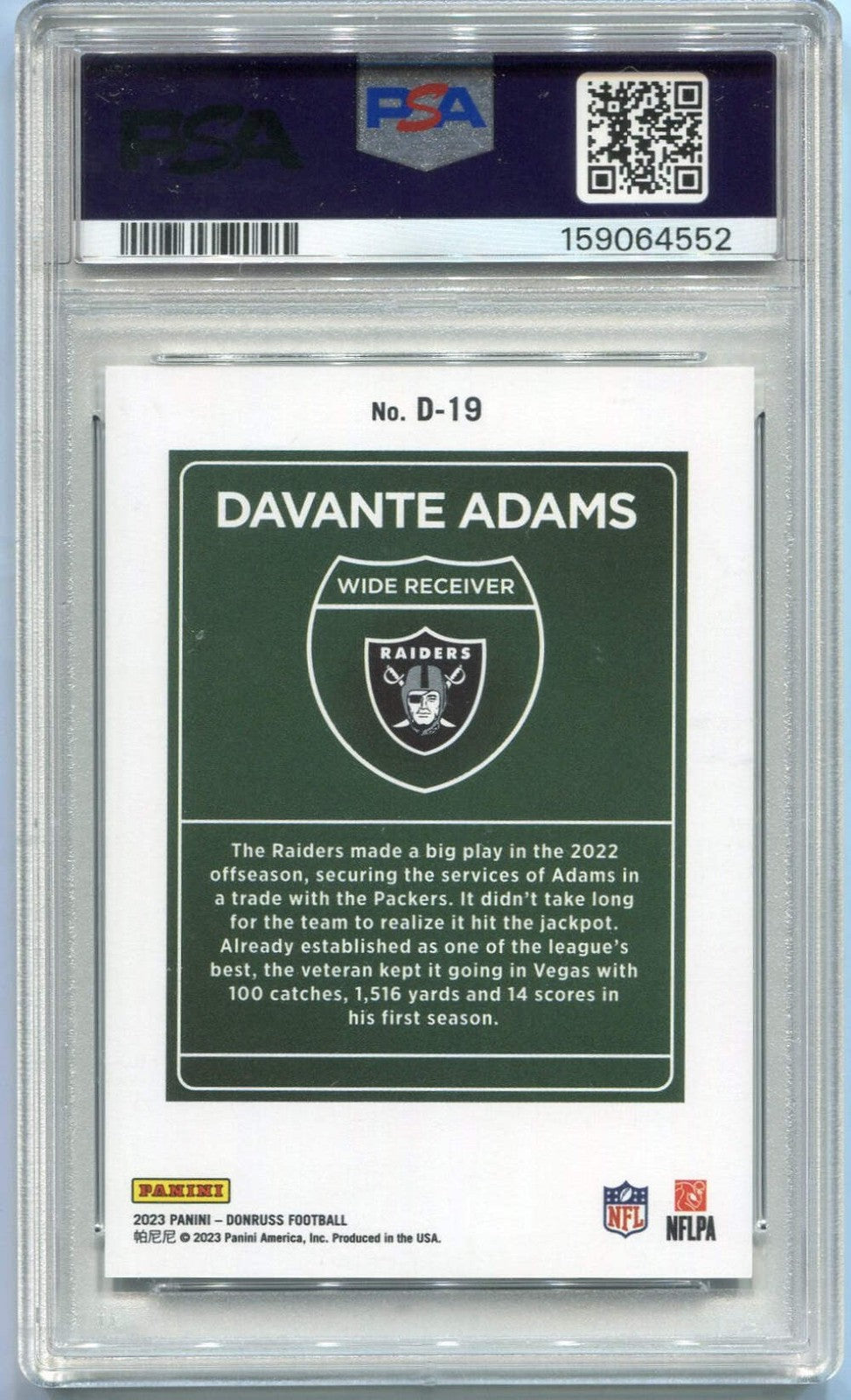 Davante Adams 2023 Panini Donruss Downtown Card #D-19 PSA Graded 9