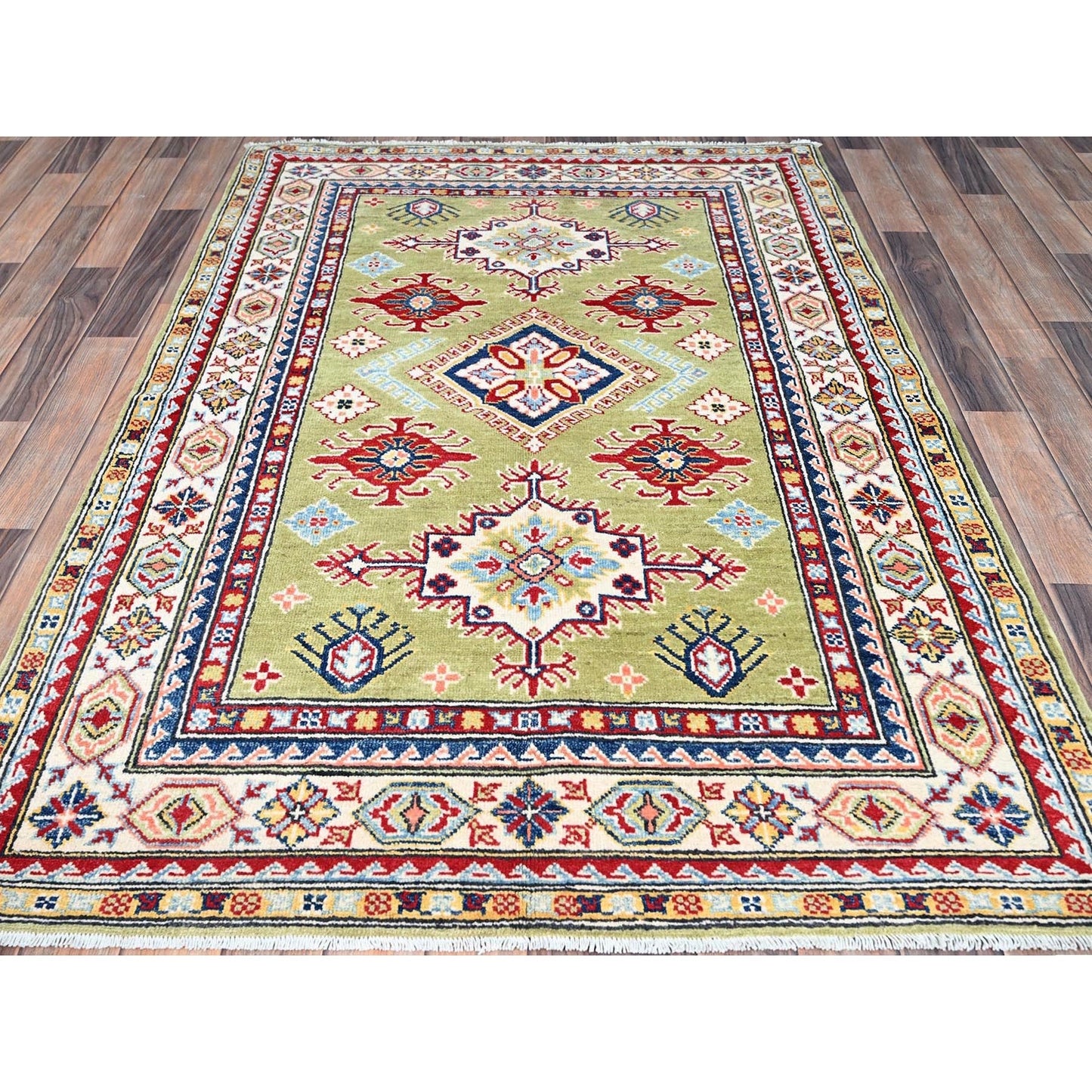 4'1"X5'10" Green Natural Dyes Soft Wool Hand Knotted Kazak Oriental Rug