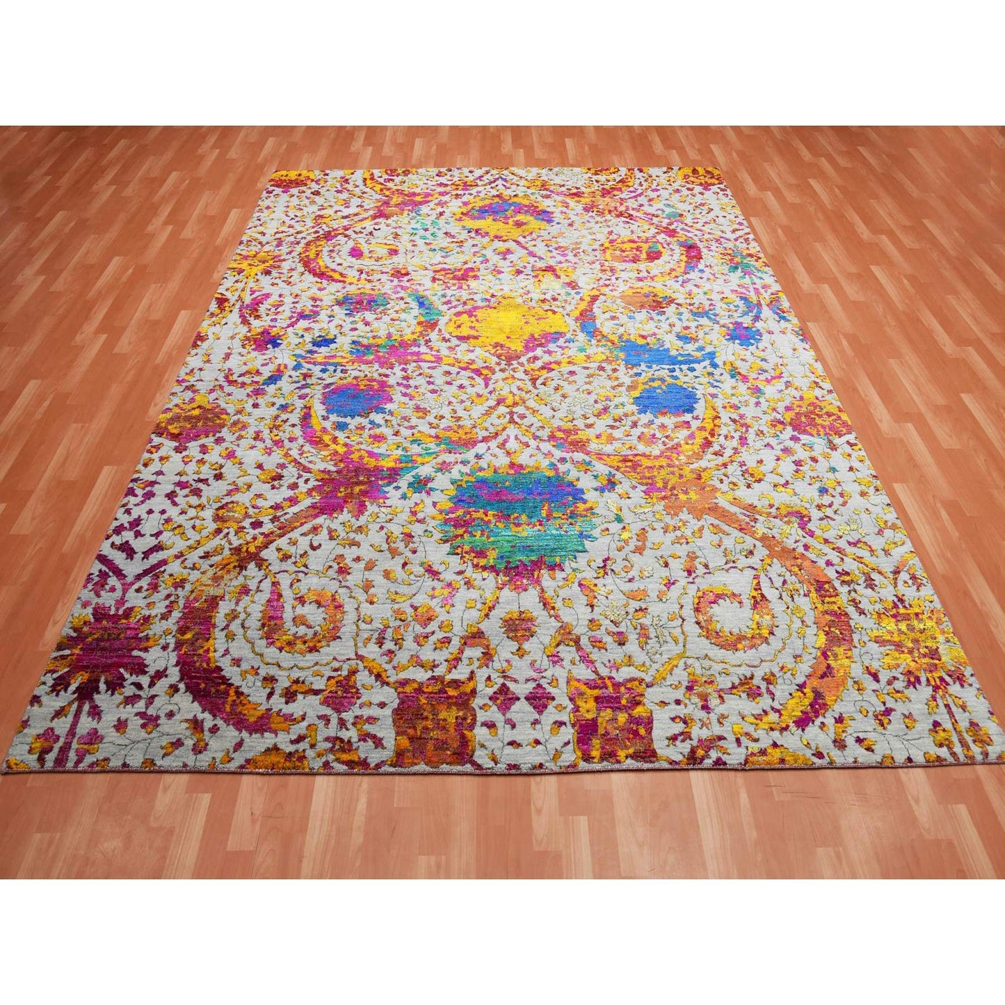 9'X12' Gray Erased Zoroastrian Design Silk With Wool Hand Knotted Rug