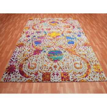 9'X12' Gray Erased Zoroastrian Design Silk With Wool Hand Knotted Rug