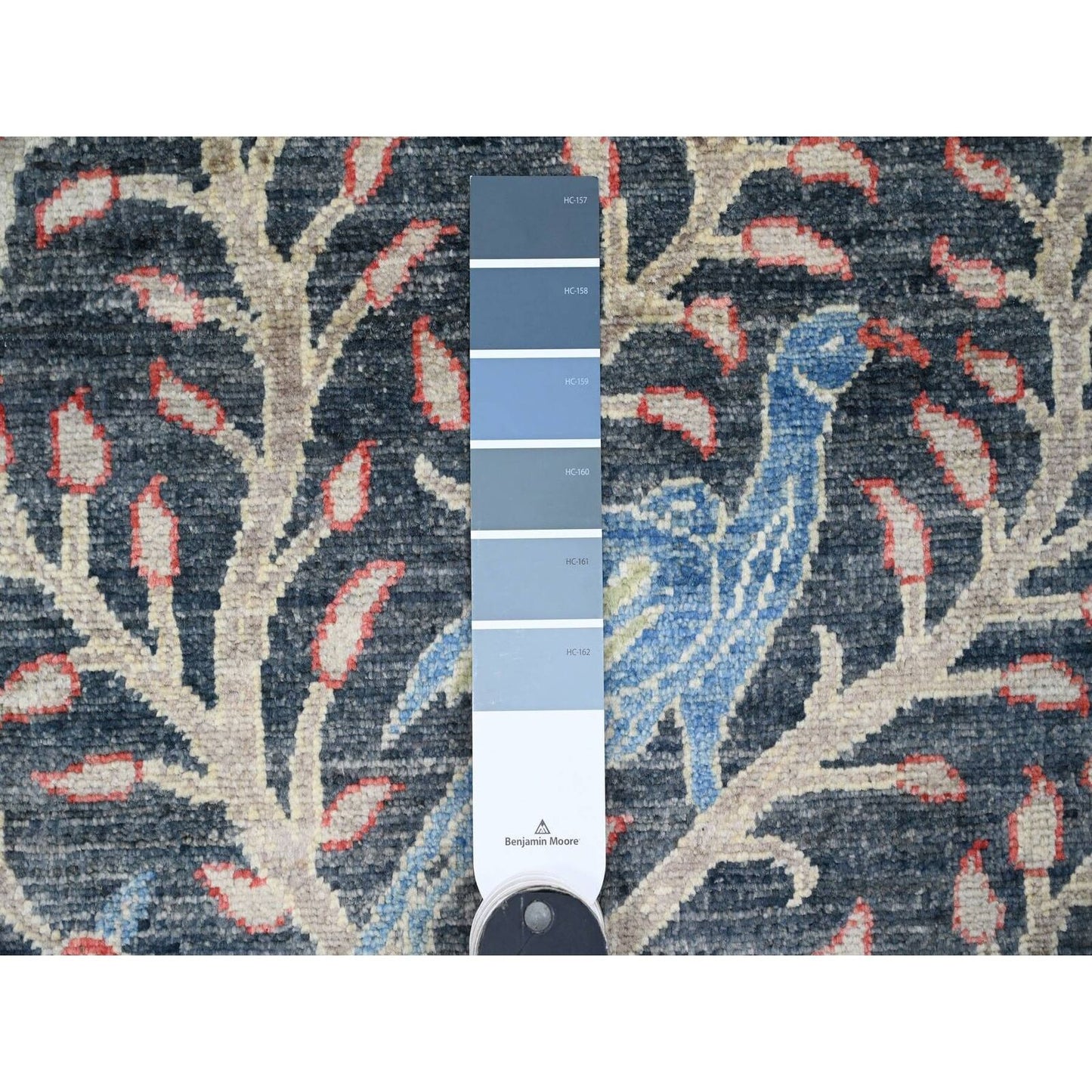 2'6"X19'3" Blue Peshawar Birds Design Hand Knotted Soft Wool Runner Rug