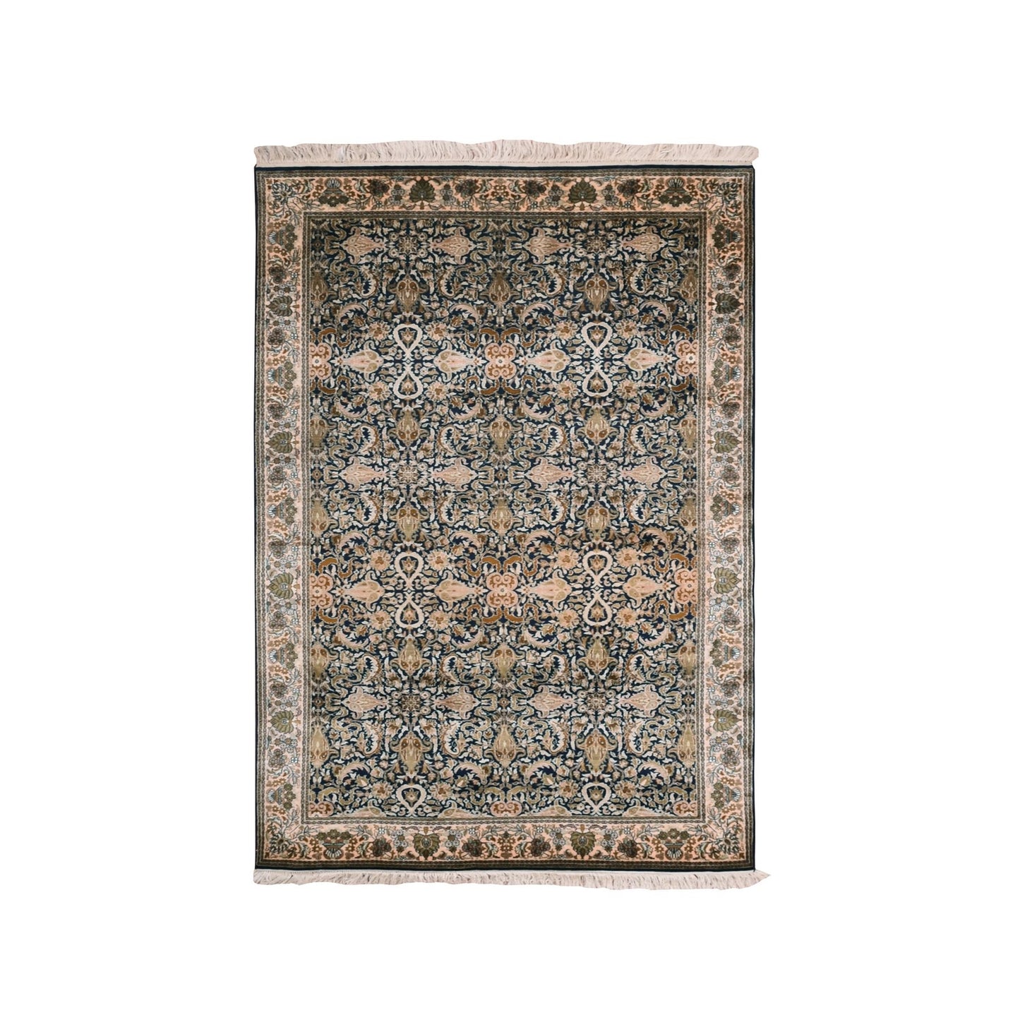 4'1"X6' Graphite Blue Pure Silk 400 Kpsi Hand Knotted All Over Design Rug