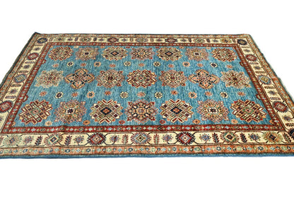 Tribal Geometric Kazak Area Rug Blue Farmho Boho