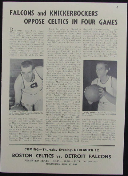 Vintage 1946 Boston Celtics Vs. Detroit Falcons