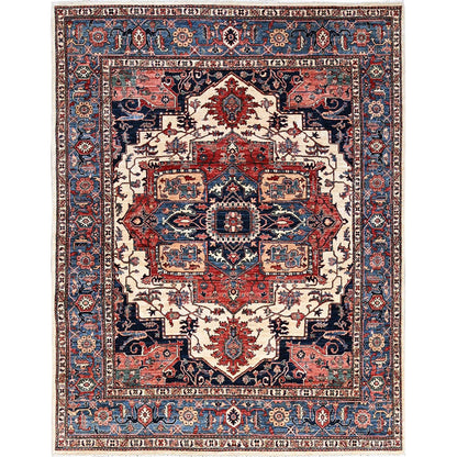 8'1"X10'1" Chiffon White Seeripe Heris Design Soft Wool Hand Knotted Rug