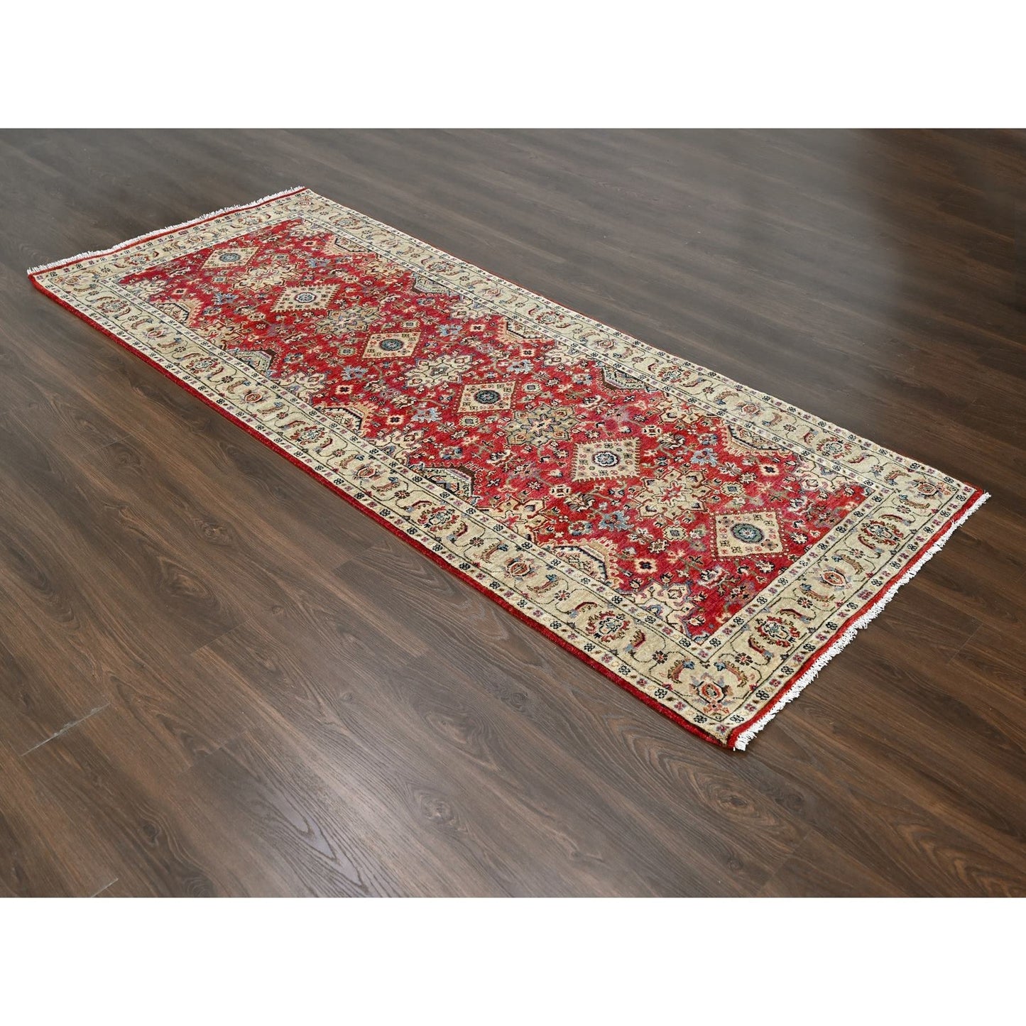 4'1"X9'10" Red Devil Hand Knotted Karajeh Design Wide Runner Oriental Rug