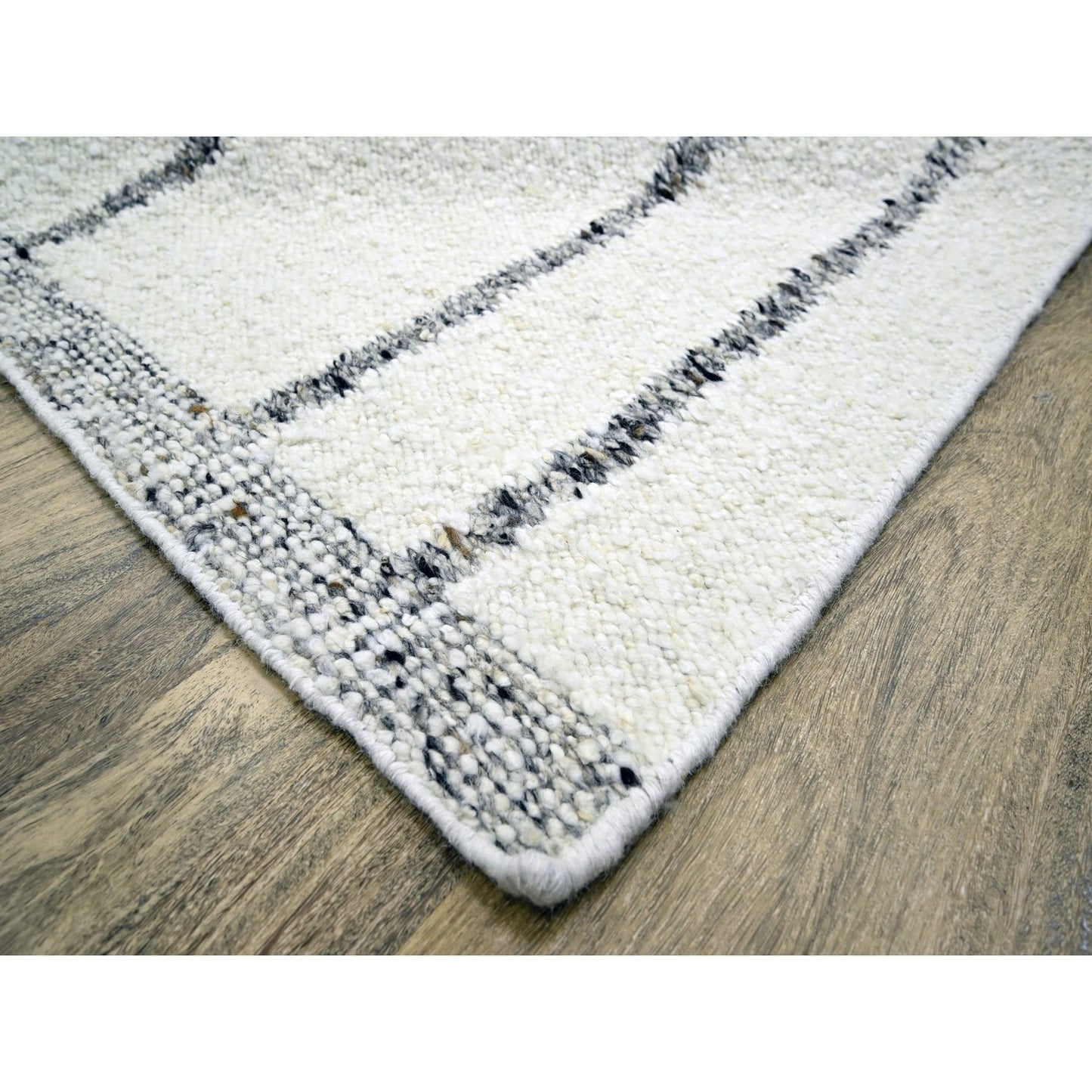 10'X14' White Moroccan Weave Line Design Textured Wool Hand Knotted Rug