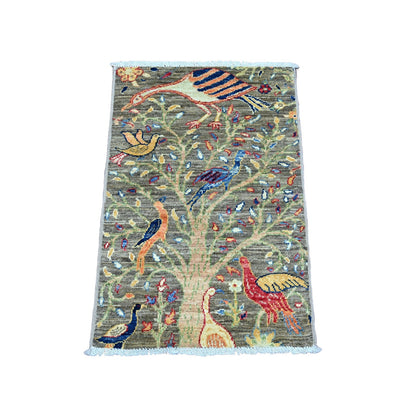 2'X3' Gray Hand Knotted Afghan Peshawar Birds Design Wool Mat Sample Rug