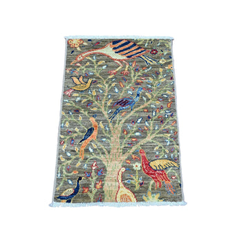 2'X3' Gray Hand Knotted Afghan Peshawar Birds Design Wool Mat Sample Rug