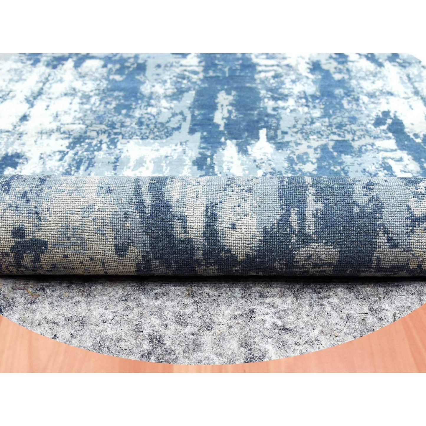 9'x9' Blue Hand Knotted Abstract Design Pure Silk and Wool Round Rug