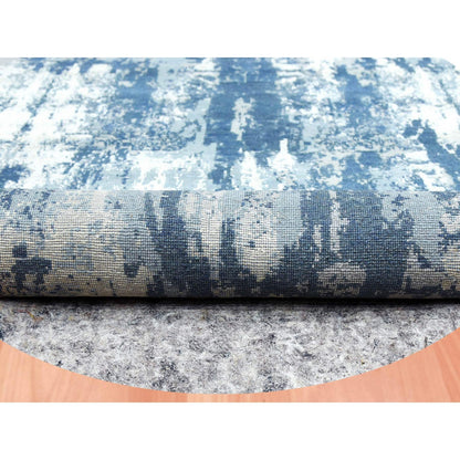 9'x9' Blue Hand Knotted Abstract Design Pure Silk and Wool Round Rug