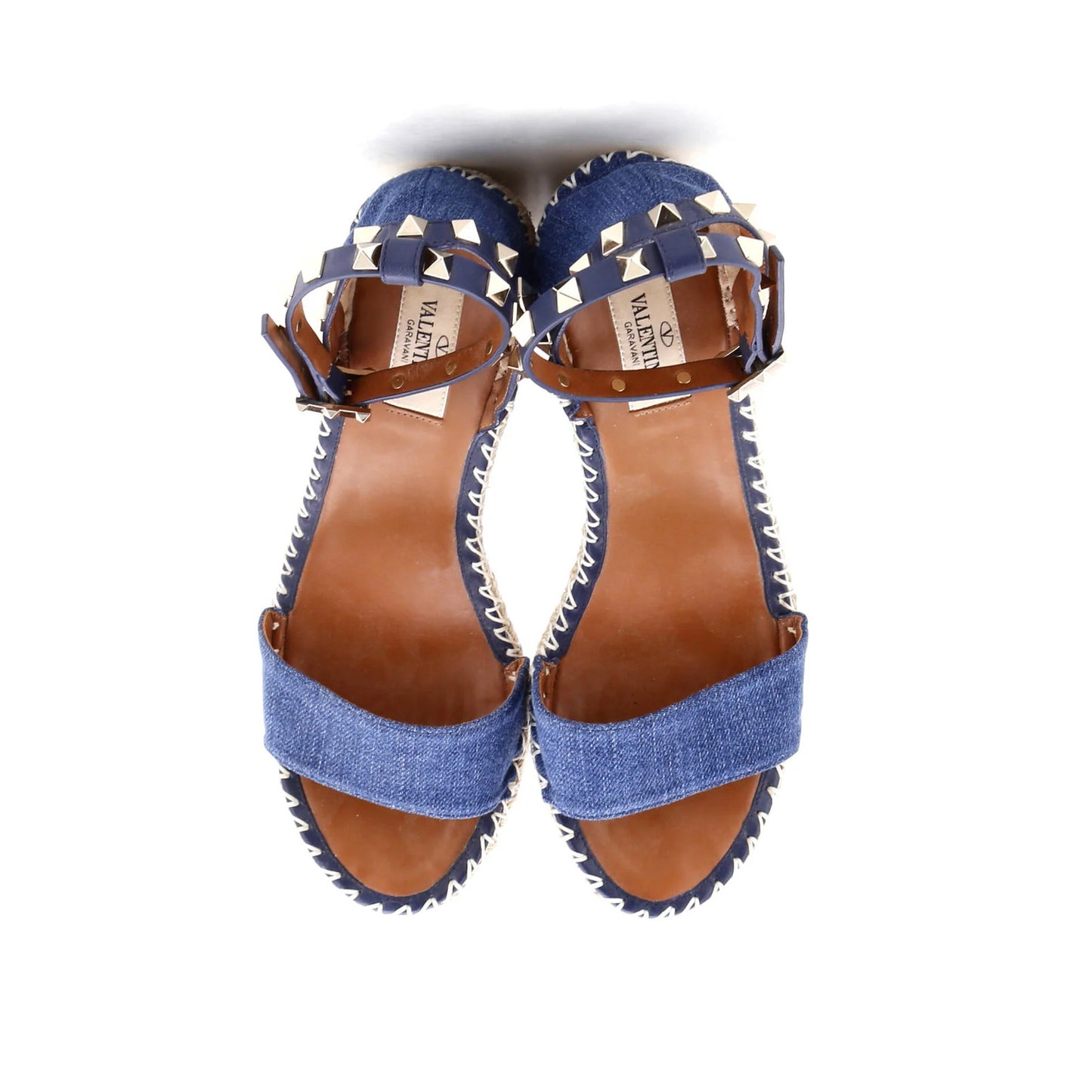 Valentino Garavani Women's Double Wedge Sandals Denim Rockstud Ankle Strap