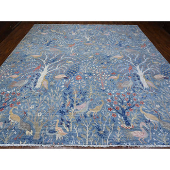 12'X12' Blue Afghan Peshawar Birds Paradise Wool Hand Knotted Square Rug