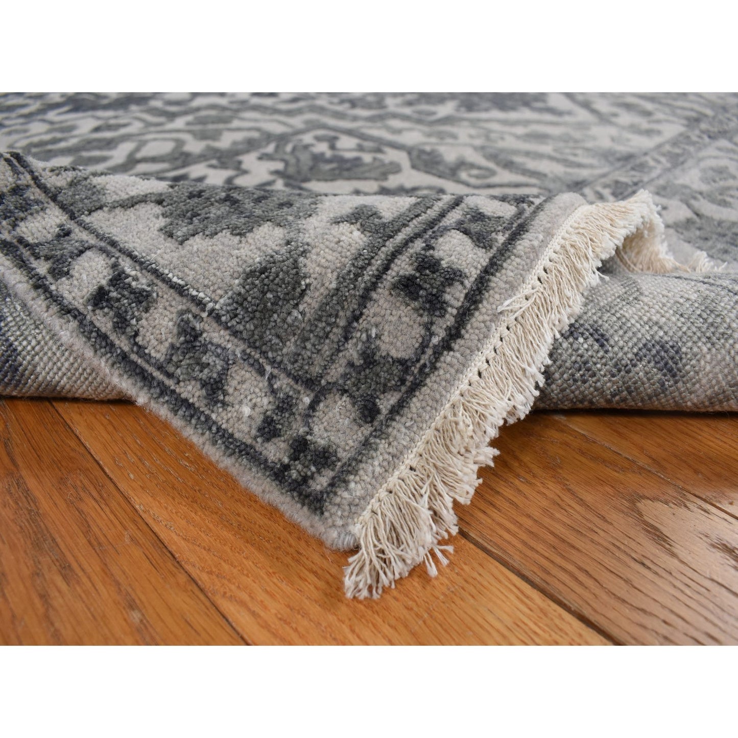 Rug 6'x9'2" Stone Gray Heris Design Wool and Silk Hi-lo Pile Hand Knotted