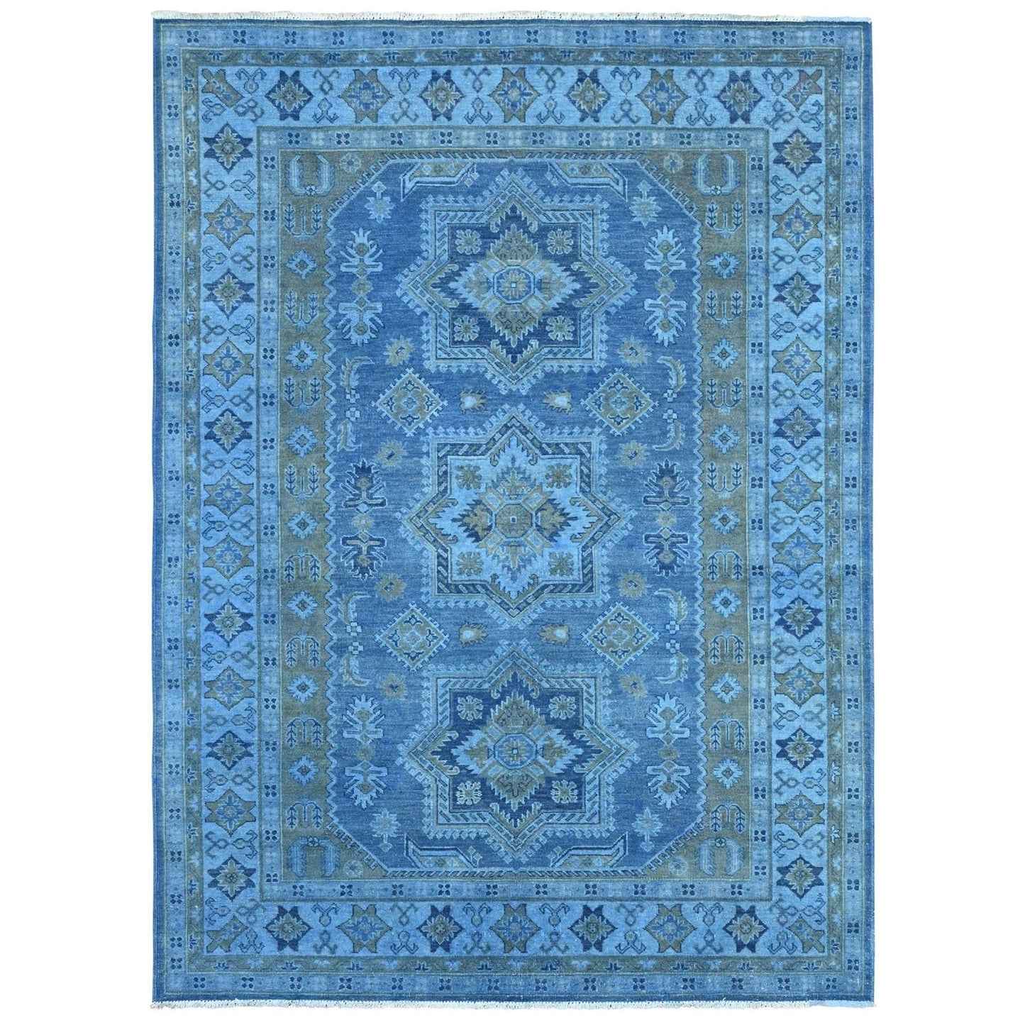6'2"X8'5" Blue Overdyed Kazak Star Design Hand Knotted 100% Wool Rug