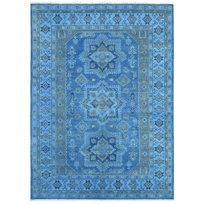 6'2"X8'5" Blue Overdyed Kazak Star Design Hand Knotted 100% Wool Rug