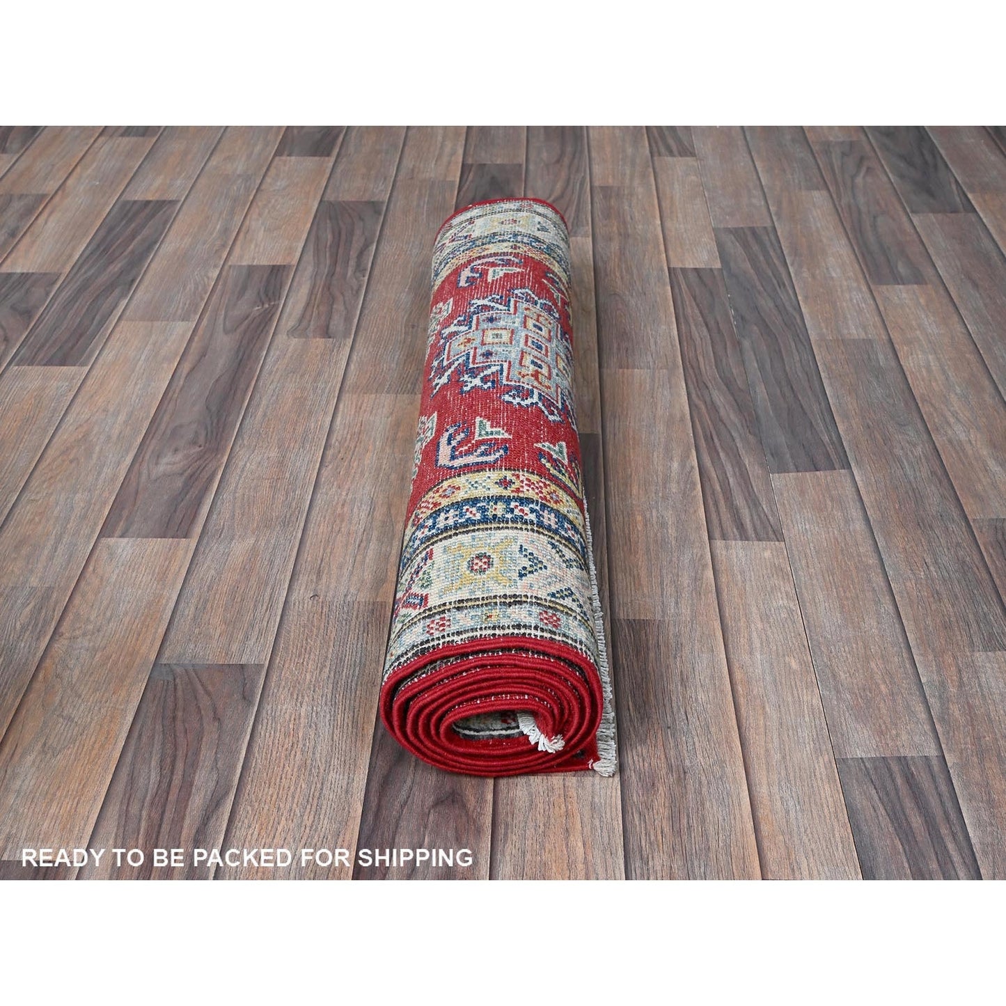 2'7"X6'7" Red Kazak With Geometric Design Soft Wool Hand Knotted Runner Rug