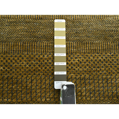 2'8"X12'3" Brown Modern Grass Design Hand Knotted Wool & Silk Runner Rug