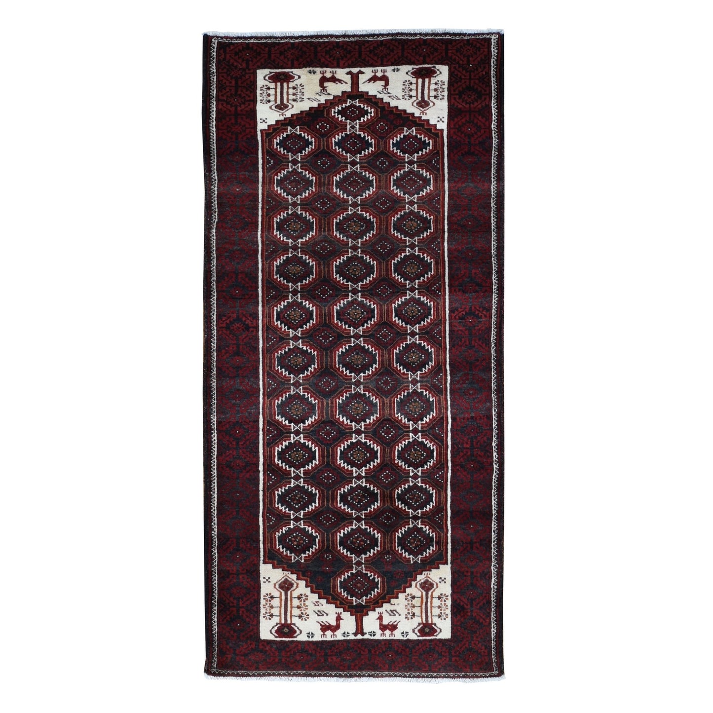 3'8"X8' Red Vintage Zoroastrian Balooch Wool Hand Knotted Wide Runner Rug