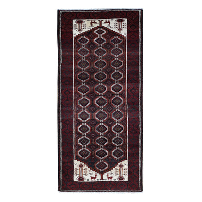 3'8"X8' Red Vintage Zoroastrian Balooch Wool Hand Knotted Wide Runner Rug
