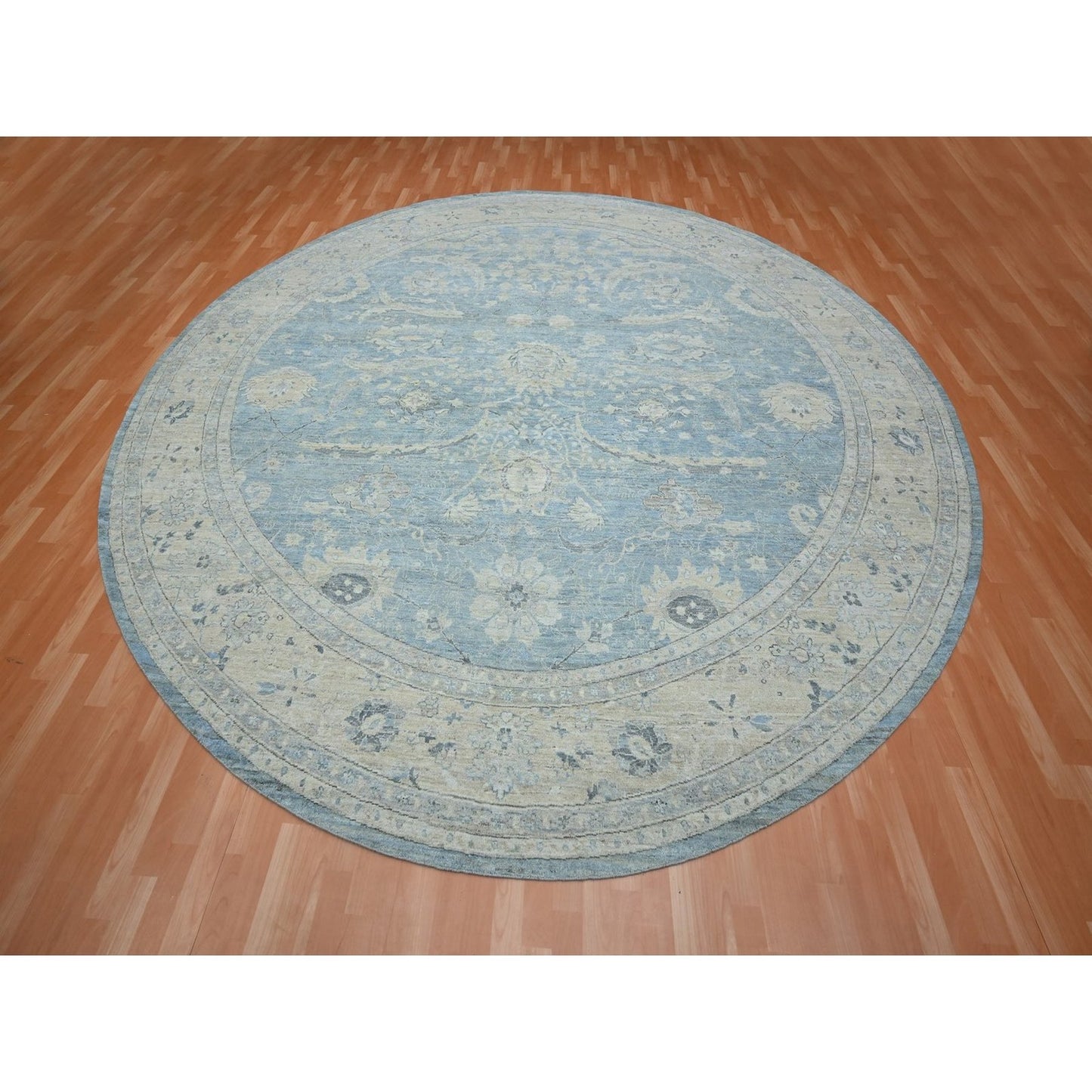 Blue Sickle Leaf Design Hand Knotted Wool Round Rug