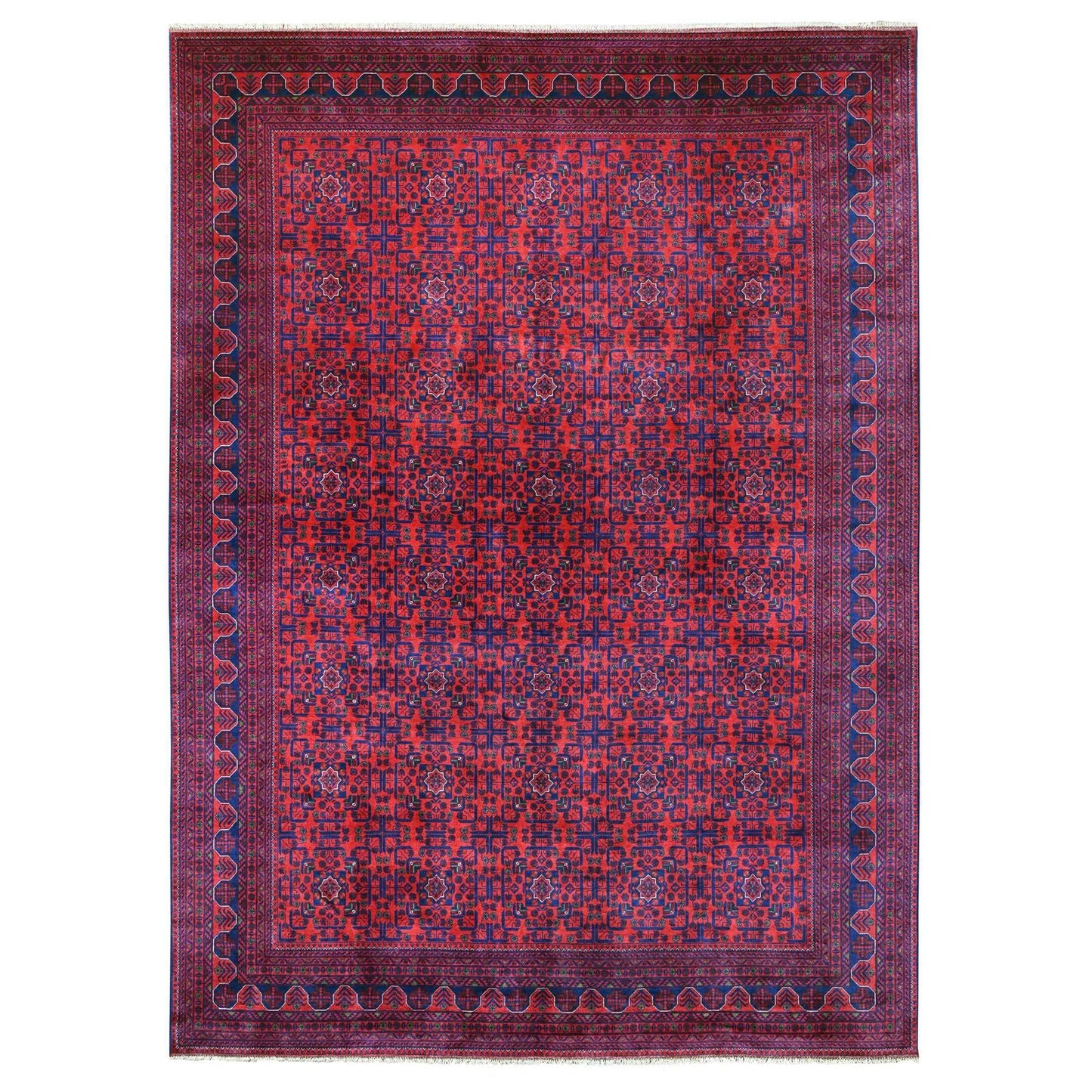 10'X13'6" Deep Red Afghan Khamyab Star Design 100% Wool Hand Knotted Rug