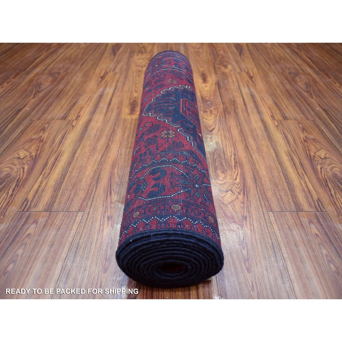 2'8"X12'6" Deep Red Hand Knotted Afghan Khamyab Pure Wool Runner Rug