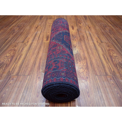 2'8"X12'6" Deep Red Hand Knotted Afghan Khamyab Pure Wool Runner Rug