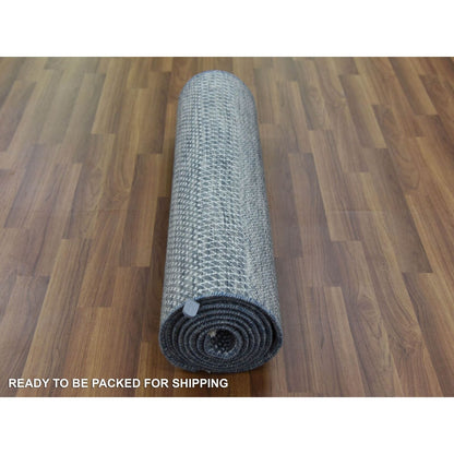 2'6"X10'2" Gray Wool And Silk Hand Knotted Modern Grass Design Runner Rug