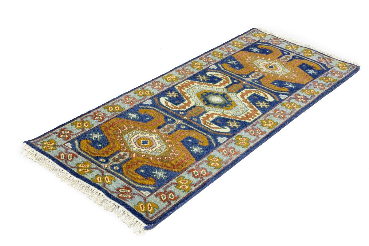 Navy Blue Geometric Tribal Kazak Rug Wool