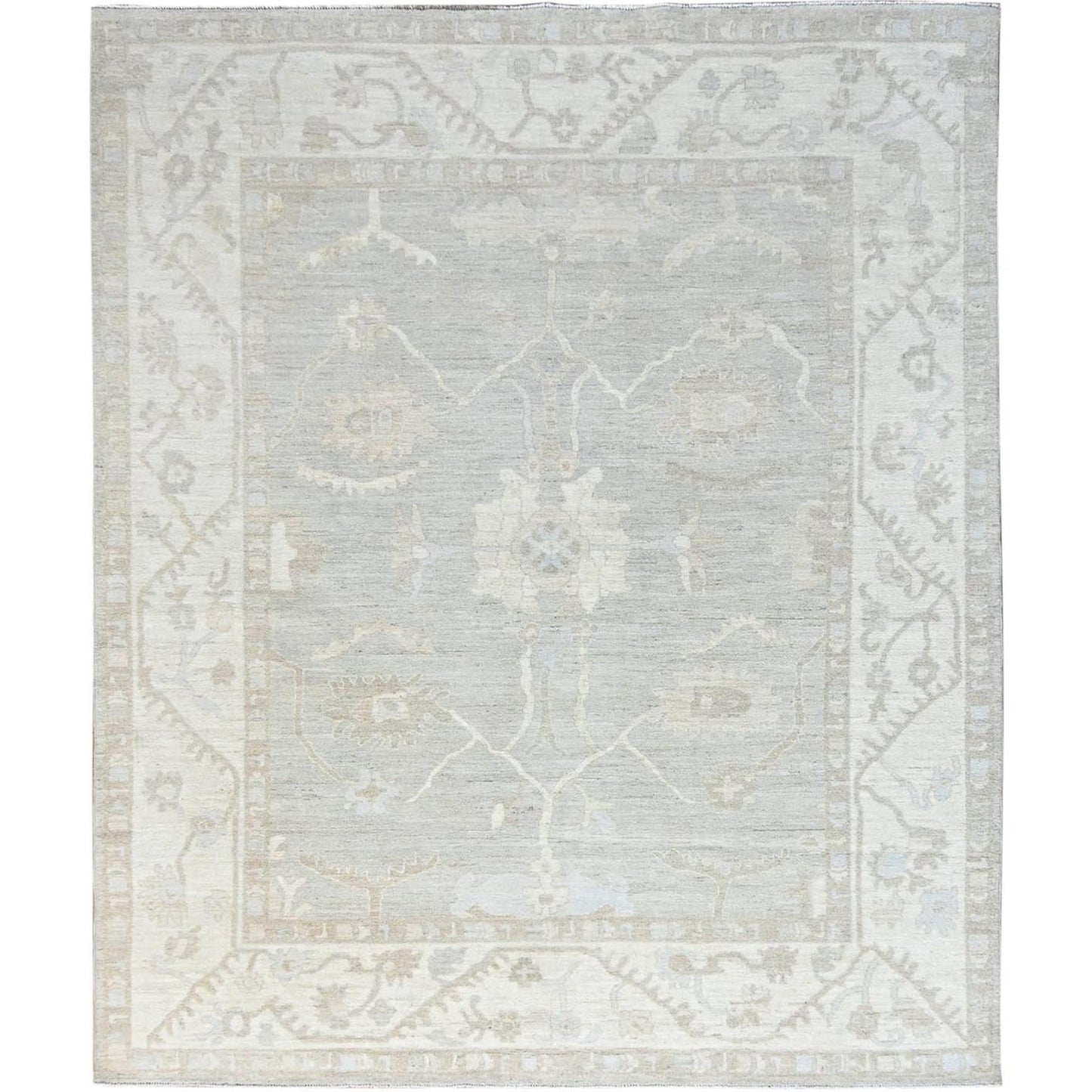 8'X9'8" Dove White Hand Knotted Afghan Peshawar Geometric Design Wool Rug