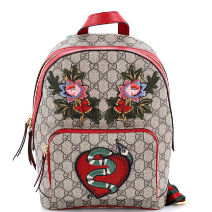 Gucci Zip Pocket Backpack Embroidered Gg Coated Canvas Small