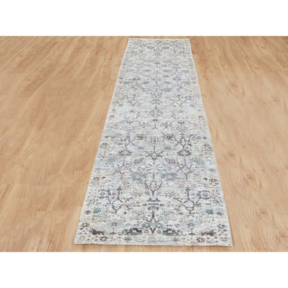2'5"X12' Ivory Silk With Textured Tebraz Design Runner Hand Knotted Rug