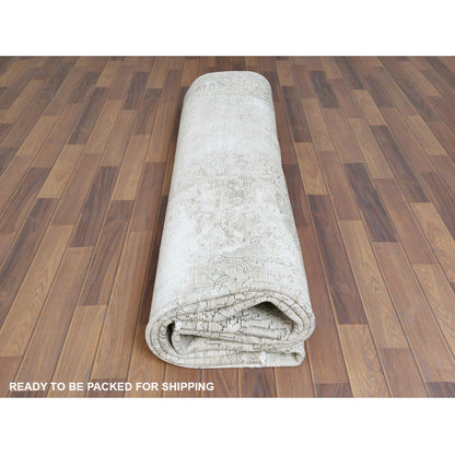 9'8"X12'6" Wool Farsian Tebraz Vintage Clean Worn Ivory Hand Knotted Rug