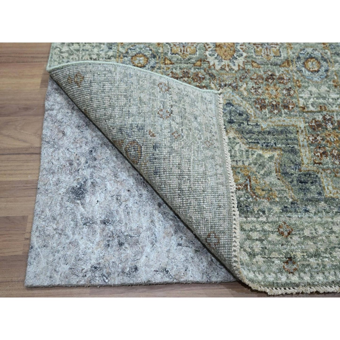 2'7"X12'1" Green Wool Rug Pre Historic Mamluk Design Hand Knotted Runner