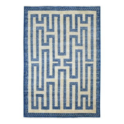 5'10"X8'9" Soft Wool Hand Knotted Denim Blue Maze Design Rug