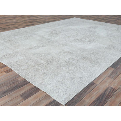 8'10"X12'4" Ivory Hand Knotted Vintage Farsian Tebraz Worn Wool Rug