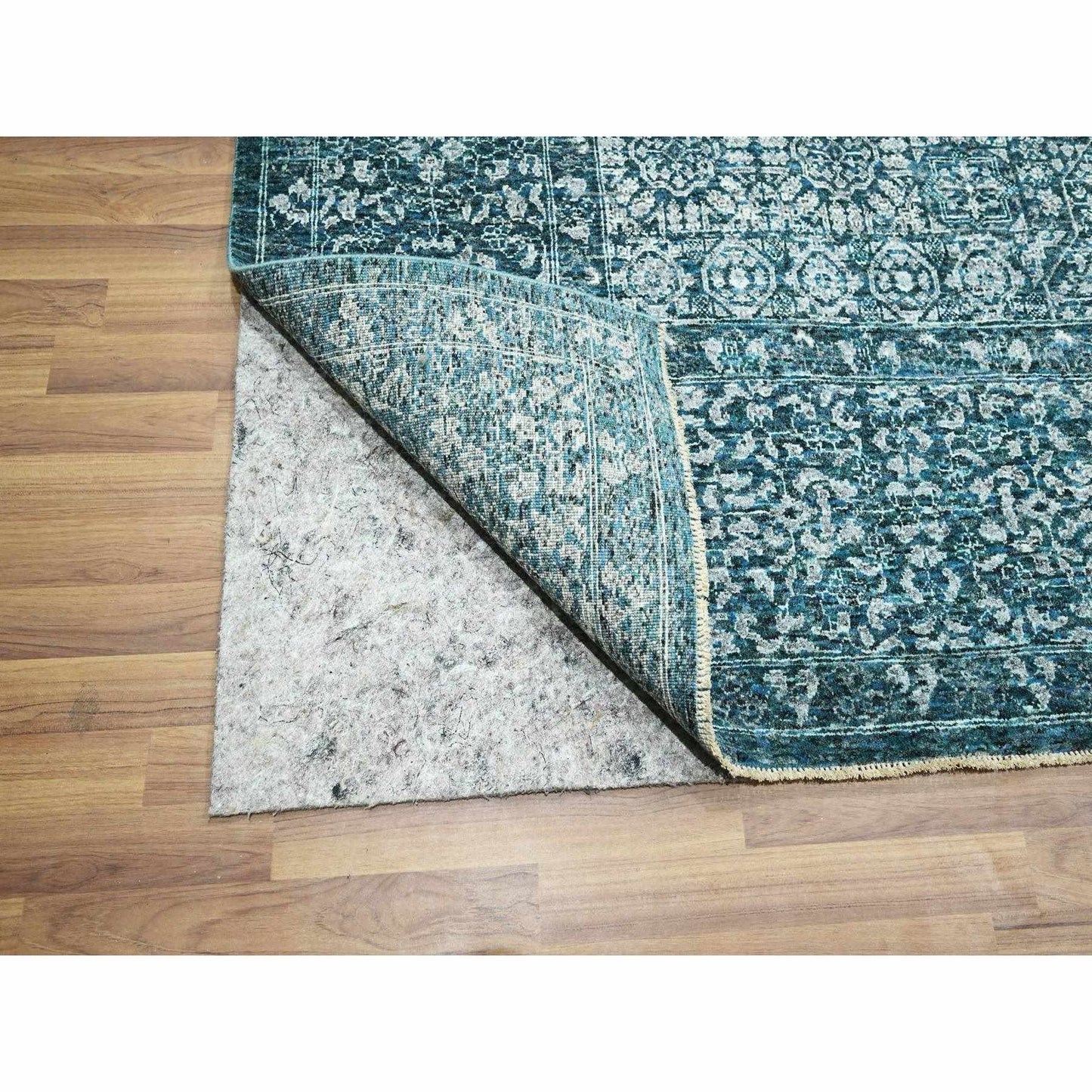 9'X12'1" Teal Pre Historic Mamluk Design Hand Knotted Wool Oriental Rug