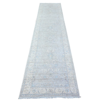 2'8"X11'6" Gray Natural Wool White Wash Peshawar Hand Knotted Runner Rug