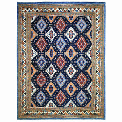 9'2"X11'10" Blue Afghan Ersari With Large Elements Wool Hand Knotted Rug
