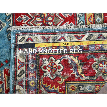 4'1"X5'10" Blue Kazak Geometric Medallions Design Hand Knotted All Wool Rug