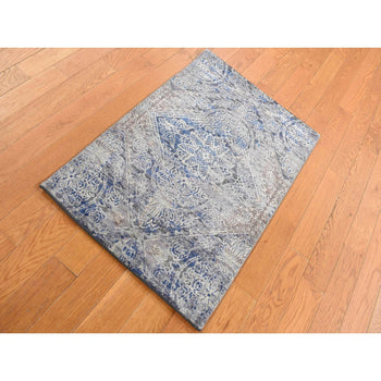 2'X3' Blue Erased Rossets Silk With Wool Hand Knotted Sample Mat Rug