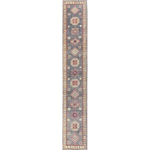 3'X18'7" Gray Kazak With Geometric Design Hand Knotted Rug Wool Runner