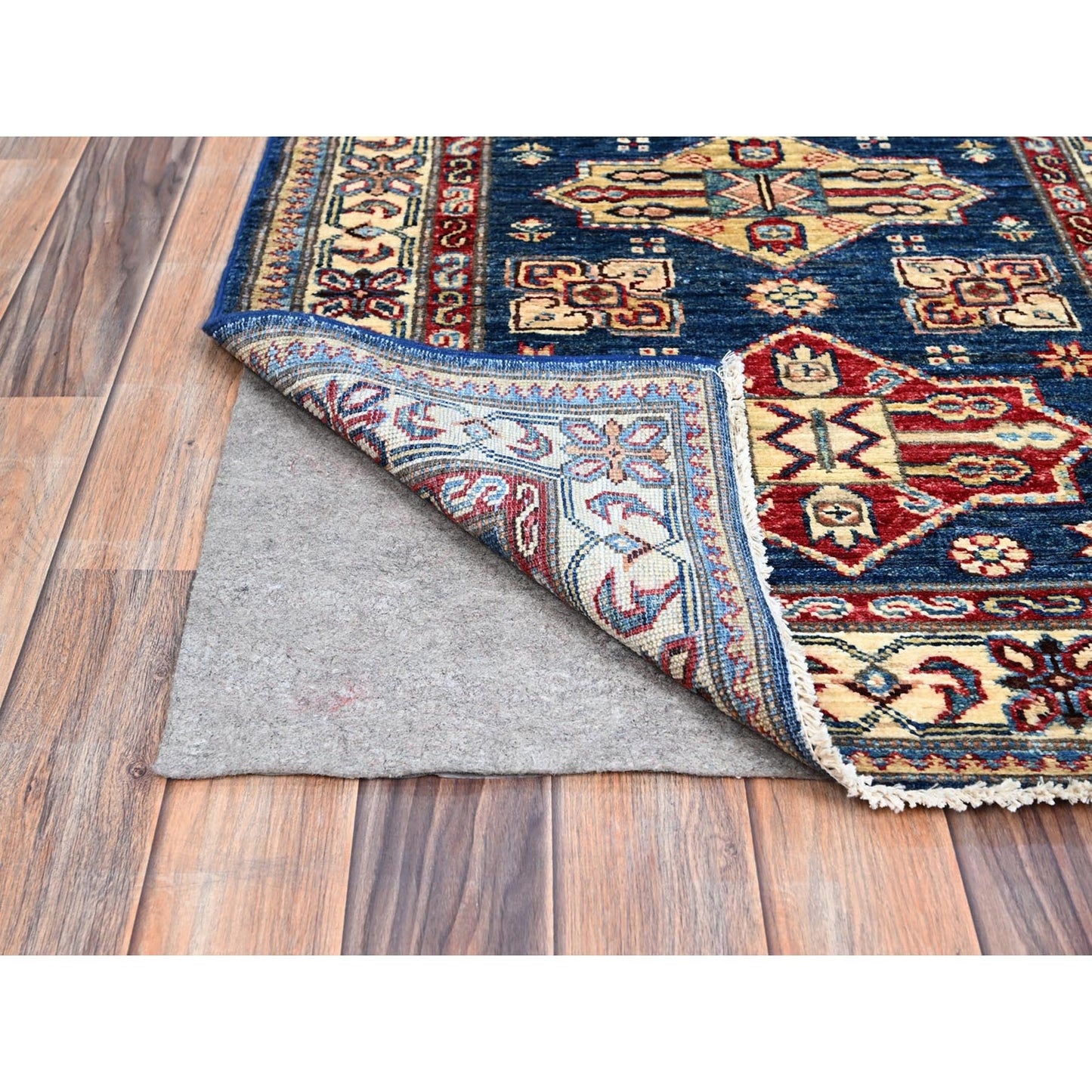 2'8"X11'9" Blue Wool Afghan Super Kazak Natural Dyes Oriental Runner Rug