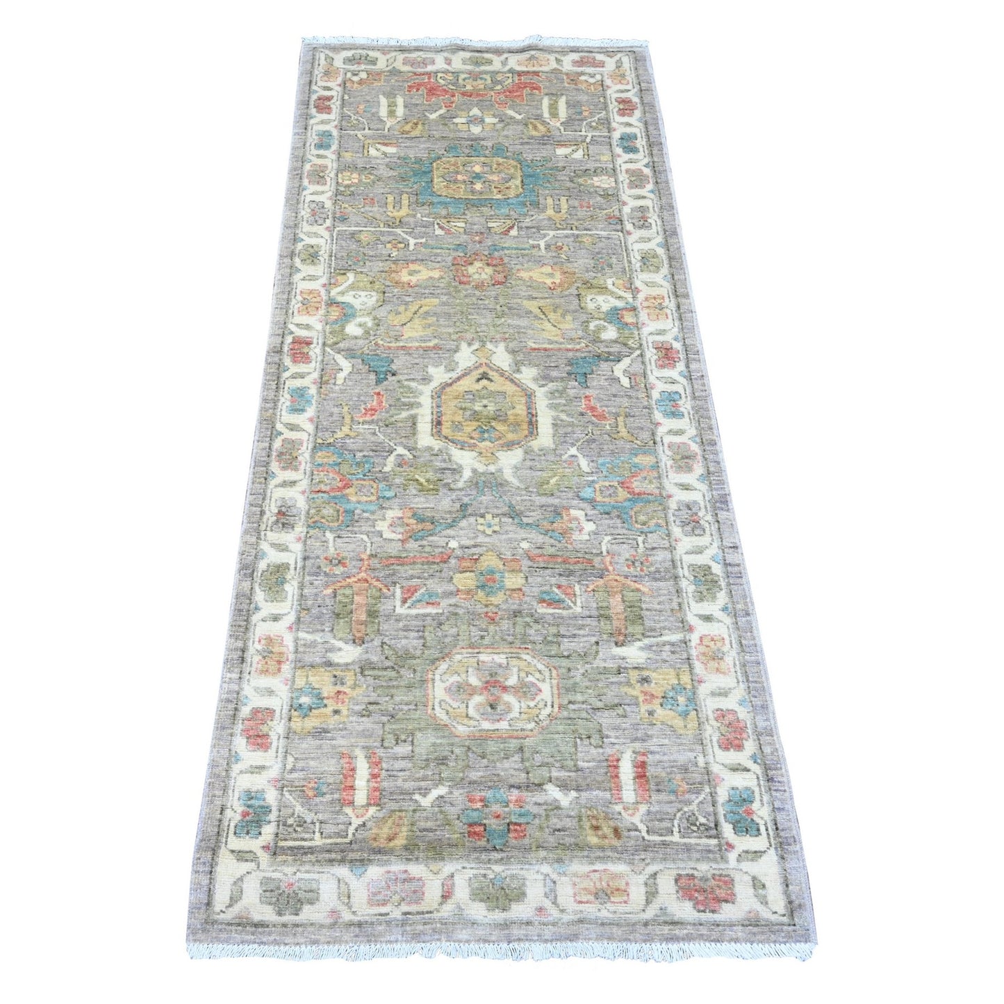 2'6"X6' Gray Peshawar Heris Design Wool Hand Knotted Runner Oriental Rug