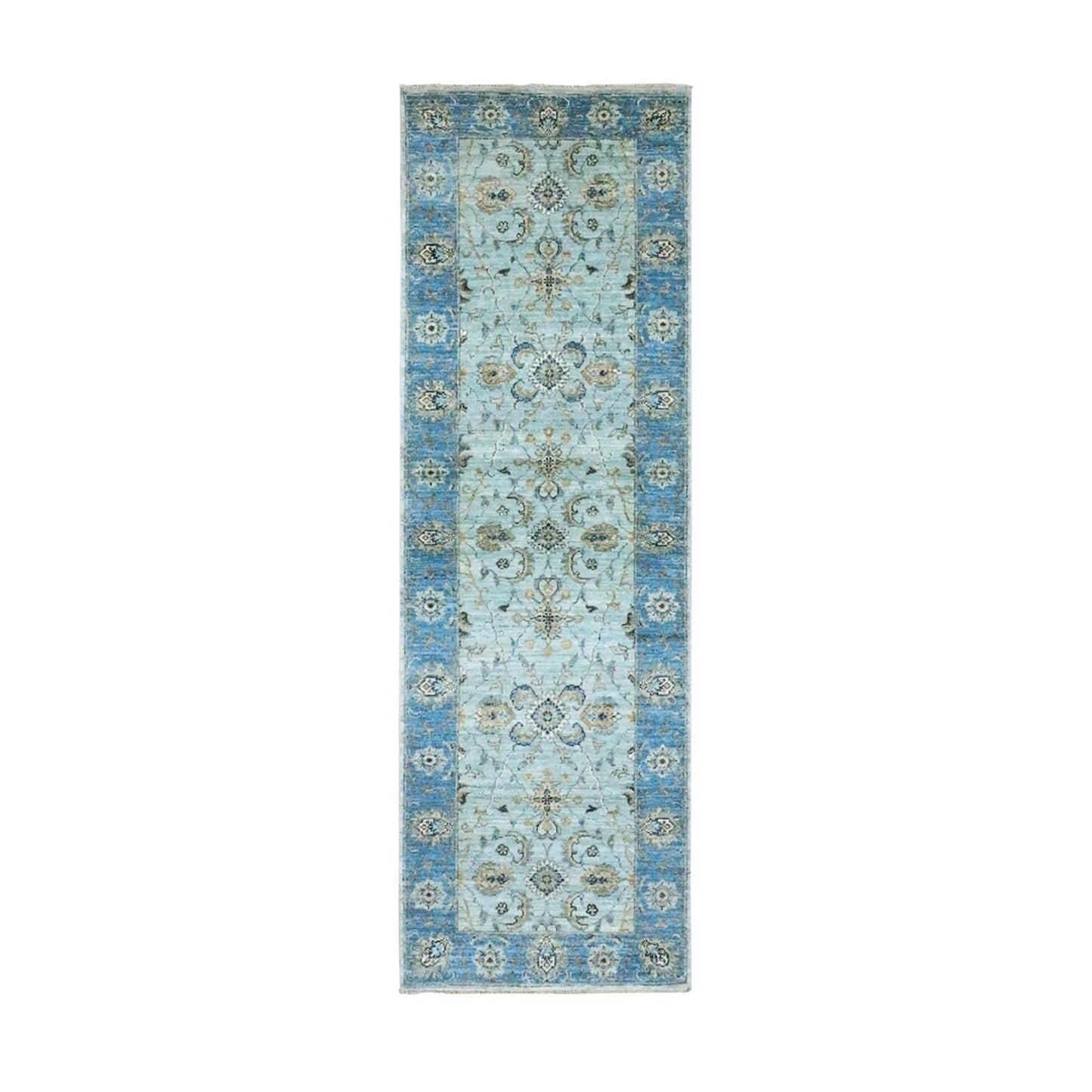 2'7"X8'1" Blue Shah Abbas Flower Design Agra Wool Hand Knotted Runner Rug