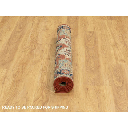 4'1"X6' Hand Knotted Red Antiqued Heris Re-Creation Geometric Design Rug