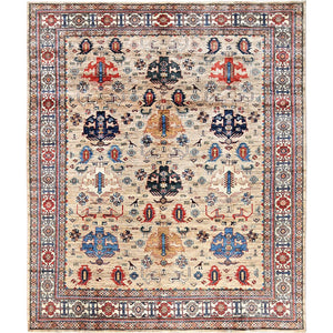 8'3"x9'9" Beige Hand Knotted Afghan Super Kazak Medallions Design Wool Rug