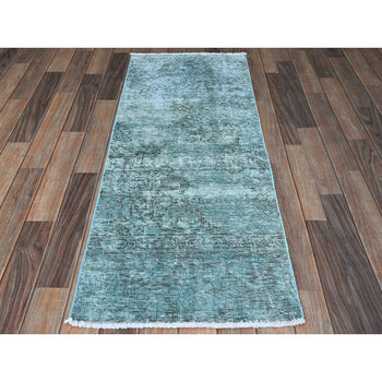 2'X5' Aqua Green Overdyed Vintage Zoroastrian Hand Knotted Wool Runner Rug