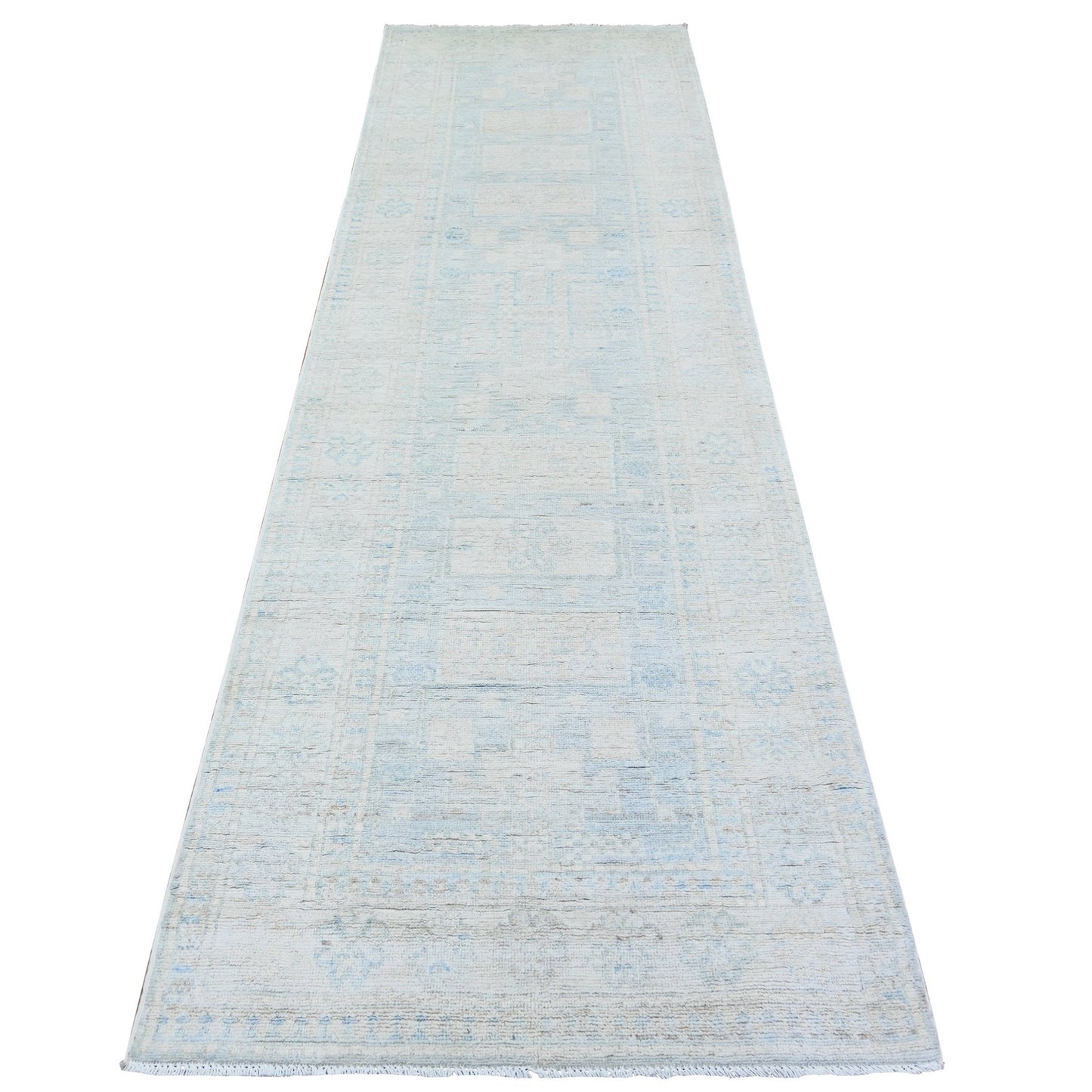 3'1"X10' Spanish Gray Washed Out Peshawar Wool Hand Knotted Runner Rug